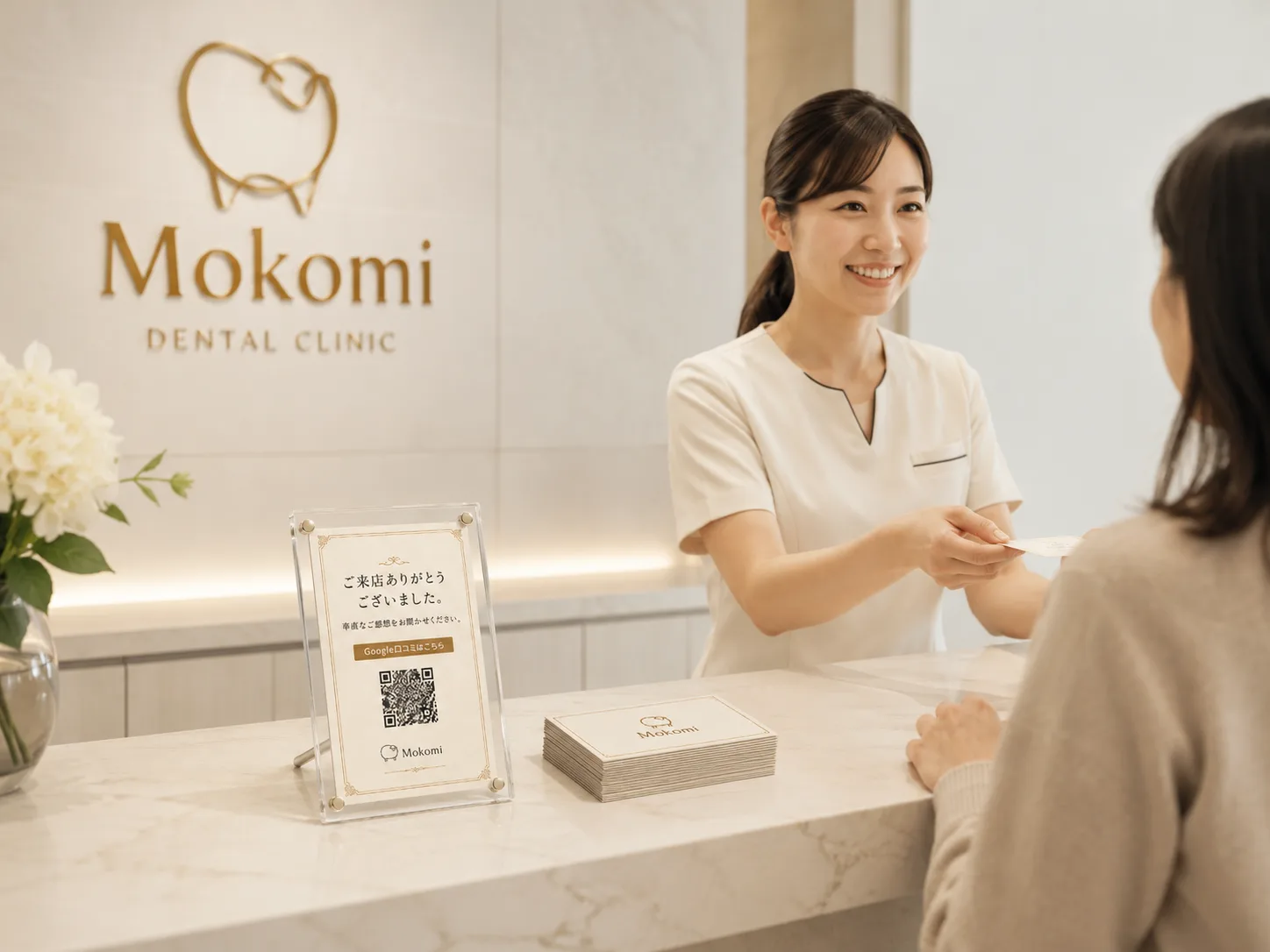 クリニック受付でMokomiの口コミ依頼カードを渡している様子