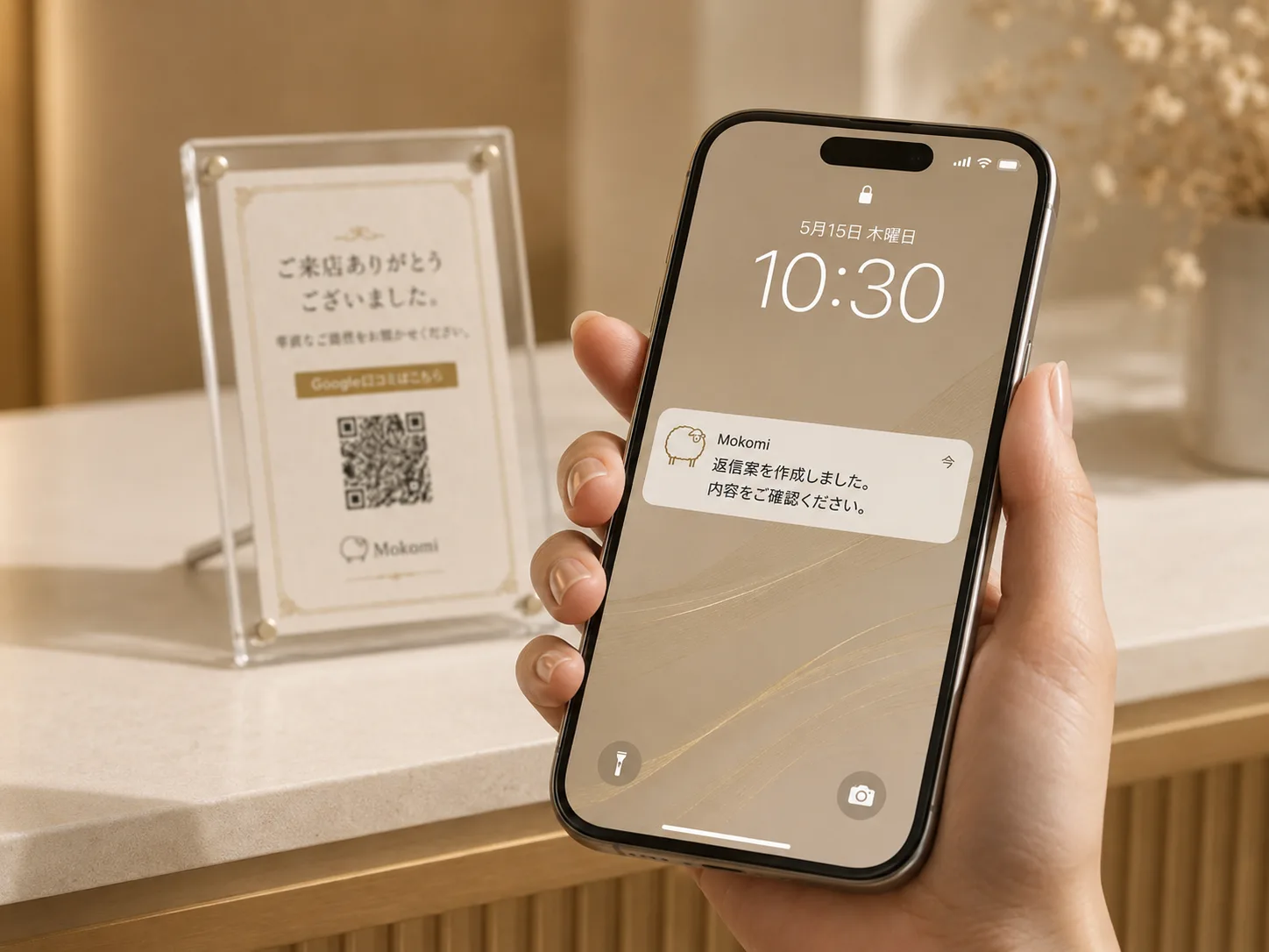 スマートフォンでMokomiの返信案通知を確認し、店頭に口コミ依頼QRを設置している様子